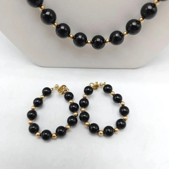 Elegant Black Onyx 14kt Gold Beaded Necklace Earring Set Vintage - Picture 2 of 7